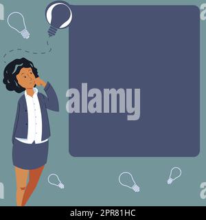 Femme d'affaires dessin debout à côté du conseil d'administration Présentation penser de nouvelles idées. Lady Next démontre le raisonnement concepts récents. Manager présentant les plans récents. Illustration de Vecteur