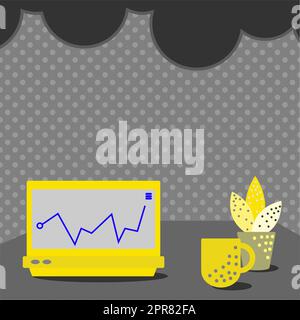 Ordinateur portable posé sur Une table à côté de la tasse à café et de l'usine montrant le processus de travail. Bureau dessin avec ordinateur portable. Conception de dessus d'ordinateur. Illustration de Vecteur