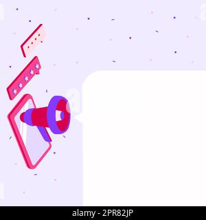 Dessin d'une tablette avec Megaphone faisant une nouvelle annonce dans UNE boîte de conversation. Dessin d'appareil mobile, y compris Bullhorn faisant du tonnerre par message . Illustration de Vecteur