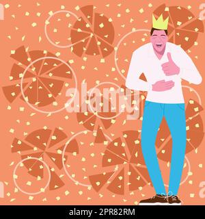 Homme sportif avec couronne sur la tête riant tenant l'estomac et montrant le signe OK. Homme souriant et affichant un symbole avec un doigt. Guy ayant des Thumbs vers le haut. Illustration de Vecteur