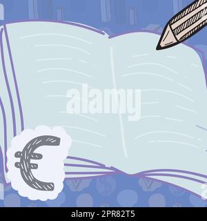 Dessin de livre ouvert avec grand crayon sur le dessus écrivant sur les feuilles vierges. Bloc-notes et crayon à lignes vides avec tableaux de réussite et affiches de devise sur l'arrière-plan. Illustration de Vecteur