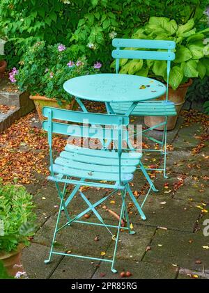 Cour bleue chaises en métal et table dans paisible, paisible, luxuriant, cour privée à la maison le jour de l'été. Mobilier de jardin et sièges dans un jardin vide et tranquille avec fleurs et plantes fraîches Banque D'Images