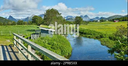 Paysage d'une rivière entre collines et montagnes. Feuillage vert au bord de la rivière avec un ciel bleu en Norvège. Eau calme à proximité d'une nature sauvage vibrante contre un horizon lumineux et nuageux. Ambiance paisible dans la nature Banque D'Images