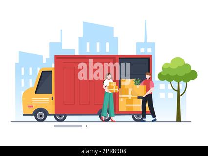 Illustration du dessin d'un véhicule de transport par camion avec services de livraison de fret ou boîte en carton envoyée au consommateur en conception plate Banque D'Images