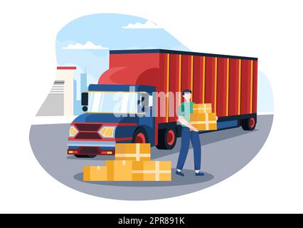 Illustration du dessin d'un véhicule de transport par camion avec services de livraison de fret ou boîte en carton envoyée au consommateur en conception plate Banque D'Images