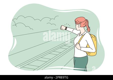 Jeune femme avec sac à dos debout sur la plate-forme vérifiant l'heure du train tardif. Les voyageurs féminins connaissent des retards dans les transports en commun à la gare. VEC Banque D'Images