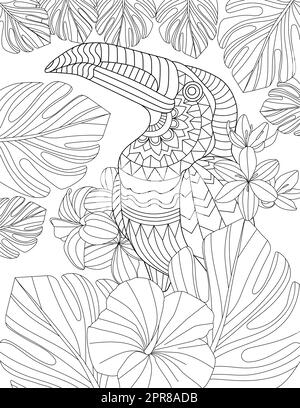 Page de coloriage avec perroquet sur pied avec différentes fleurs en arrière-plan. Banque D'Images