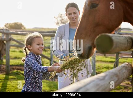 HES un cheval affamé. Une adorable petite fille nourrissant un cheval sur sa ferme pendant que sa mère regarde. Banque D'Images
