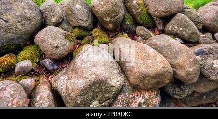 Gros plan de beaucoup de grosses roches couvertes de lichen. Paysage de mousse verte contrastant sur pile de pierres altérées dans l'environnement sauvage ou non cultivé. Beaux détails de textures de nature rocheuse rugueuse Banque D'Images