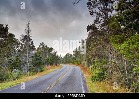 Une route à travers une forêt à Hawaï, Etats-Unis avec un ciel nuageux et un espace de copie. Vue panoramique sur un paysage boisé par une journée hivernale. De grands arbres qui poussent à côté de la vie écologique Banque D'Images