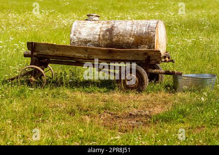 Ancien réservoir d'eau mobile pour arroser les bovins de pâturage dans un pâturage Banque D'Images