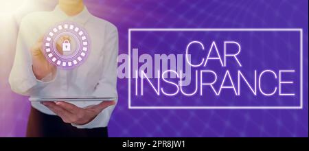 Légende présentant l'assurance automobile. Business idée accidents couverture politique complète Motor Vehicle Guaranty homme d'affaires en costume tenant la tablette symbolisant le travail d'équipe réussi. Banque D'Images