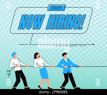 Rédaction afficher le texte maintenant embauche, approche d'affaires annonçant que certaines entreprises à la recherche de nouveaux talents Lady dessin brainstorming nouvelles solutions Banque D'Images
