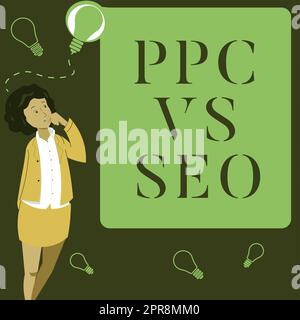 Légende conceptuelle PPC vs Seo, Business concept payer par clic contre Search Engine Optimization stratégies Businesswoman debout à côté de Board Presen Banque D'Images