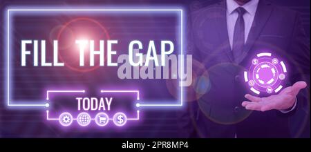 Légende de texte présentant combler l'écart. Mot écrit sur mettre il manque la pièce dans sa bonne place solution au puzzle Homme tenant le design futuriste d'une main et présentant des données tardives. Banque D'Images