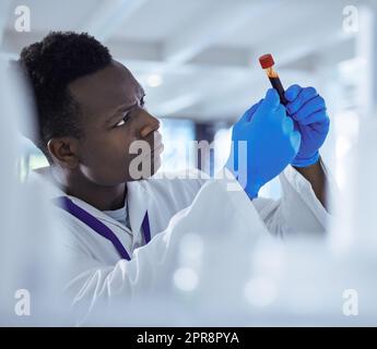 Le sang tient les secrets. Un jeune homme scientifique analysant un échantillon de sang dans un tube à essai. Banque D'Images