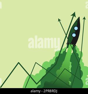 Décollage de la fusée laisser le feu derrière et présenter un message important. Vaisseau spatial volant dans le ciel et montrant des informations de crutial. Nouvelles idées présentées. Illustration de Vecteur