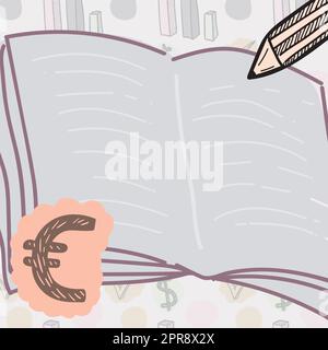 Dessin de livre ouvert avec grand crayon sur le dessus écrivant sur les feuilles vierges. Bloc-notes et crayon à lignes vides avec tableaux de réussite et affiches de devise sur l'arrière-plan. Illustration de Vecteur