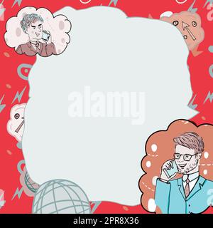 Les hommes d'affaires parlent sur les téléphones mobiles et présentent des idées importantes. Des hommes parlant sur des téléphones cellulaires et montrant des informations de base. Les cadres affichent de nouvelles données. Illustration de Vecteur