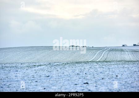 Paysage de campagne sur une journée froide d'hiver avec ciel nuageux fond et espace de copie. Paysage naturel d'un champ de ferme, de prairies ou de terres herbeuses couvertes de neige blanche le matin couvert de lumière vive Banque D'Images