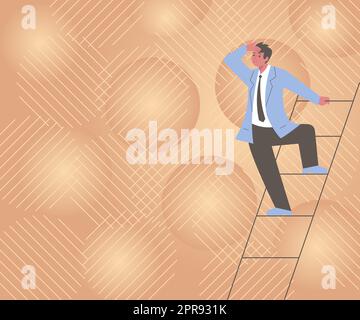 Gentleman en costume Standing Ladder la recherche des dernières idées de plan a réussi à atteindre des objectifs. Homme escalade Escaliers explorant de futures stratégies innovantes. Illustration de Vecteur