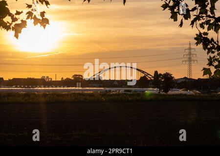 Coucher de soleil doré sur les silhouettes de serre avec pont et tour d'électricité pour l'énergie solaire dans les affaires agricoles sur la campagne idyllique et le paysage rural montre serres de verre des légumes sains Banque D'Images