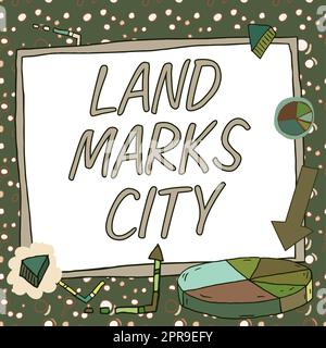 Inspiration montrant le signe Land Marks City. Idée d'affaires l'architecture des endroits importants dans les villes à visiter nouvelles idées présentées sur le tableau de présentation avec des graphiques et des flèches autour Banque D'Images