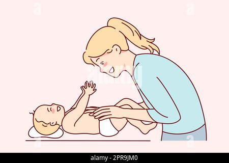 Jeune mère souriante jouant avec bébé nouveau-né. Une maman heureuse a un bébé caressé sympa sur la table. Maternité et parentalité. Illustration vectorielle. Banque D'Images