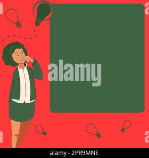 Femme d'affaires dessin debout à côté du conseil d'administration Présentation penser de nouvelles idées. Lady Next démontre le raisonnement concepts récents. Manager présentant les plans récents. Illustration de Vecteur