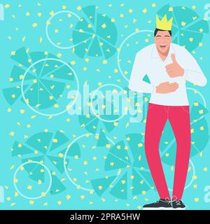 Homme sportif avec couronne sur la tête riant tenant l'estomac et montrant le signe OK. Homme souriant et affichant un symbole avec un doigt. Guy ayant des Thumbs vers le haut. Illustration de Vecteur