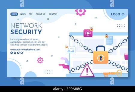 Modèle de page de renvoi des médias sociaux de cyber-sécurité Illustration d'un dessin animé à la main Banque D'Images