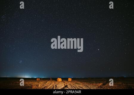 Starry Sky de nuit au-dessus de Haystacks dans le champ agricole d'été. Étoiles de nuit au-dessus du paysage rural avec balles de foin après la récolte. Concept agricole Banque D'Images