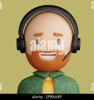 3D illustration de l'homme barbu.. Dessin animé portrait en gros plan d'un homme barbu souriant avec casque et microphone sur fond vert. 3D Avatar pour Banque D'Images