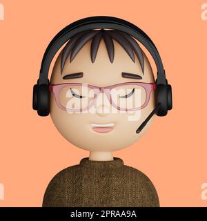 3D illustration de l'homme asiatique.. Dessin animé portrait en gros plan d'un homme asiatique souriant avec casque et microphone sur fond bleu. 3D Avatar pour ui Banque D'Images