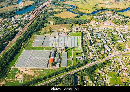 Serres à vue aérienne pour la culture de fleurs, de légumes et de fruits. Bâtiments agricoles et industriels Banque D'Images