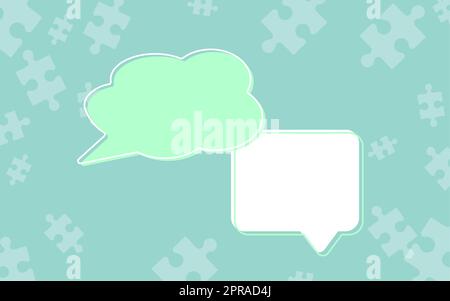 Blanc Nuageux et carré bulles de pensée avec morceaux de Jigsaw sur fond coloré. Boîte de message représentant la discussion et la communication avec les personnes via les réseaux sociaux. Banque D'Images