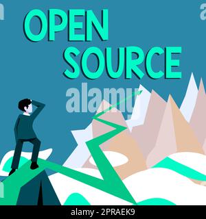 Affiche présentant Open Source. Aperçu de l'entreprise indiquant le logiciel dont le code source original est disponible gratuitement Homme regardant horizon flèche pointant symbolisant le succès futur du projet. Banque D'Images