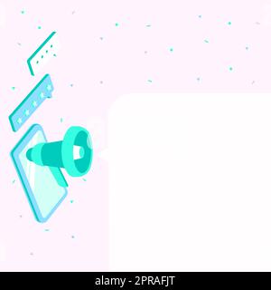 Dessin d'une tablette avec Megaphone faisant une nouvelle annonce dans UNE boîte de conversation. Dessin d'appareil mobile, y compris Bullhorn faisant du tonnerre par message . Illustration de Vecteur