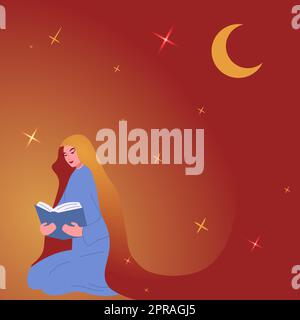 Femme lisant le livre Saint assis sur les genoux avec la Lune et le début en arrière-plan. Femme en vêtements traditionnels regardant le manuel. Fille avec hijab priant. Illustration de Vecteur