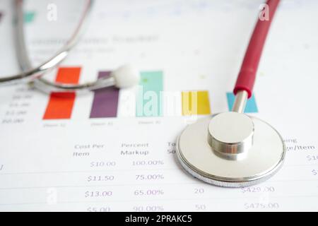 Stéthoscope et US dollar, le graphique ou diagramme Papier, Secteur financier, compte, statistiques et données d'entreprise concept de santé médicale. Banque D'Images