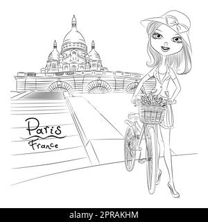 Belle fille de mode avec un panier de fleurs à vélo dans le quartier Montmartre, Paris, France. Illustration noir et blanc pour livre de coloriage. Banque D'Images