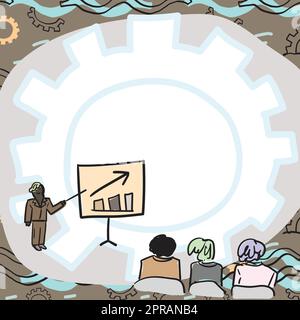 Les membres de l'équipe qui regardent le tableau blanc représentent la croissance des nouvelles solutions pour la vente. Groupe d'employés qui étudie les compétences de réflexion sur le tableau pour résoudre les problèmes par rapport à l'historique de l'équipement. Illustration de Vecteur