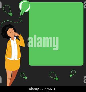 Femme d'affaires dessin debout à côté du conseil d'administration Présentation penser de nouvelles idées. Lady Next démontre le raisonnement concepts récents. Manager présentant les plans récents. Illustration de Vecteur