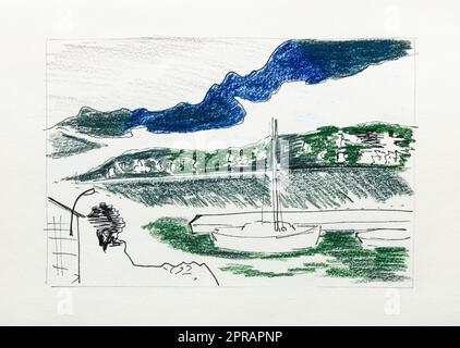 petit yacht dessiné à la main à l'embarcadère par un stylo noir et des crayons de couleur sur du papier texturé ancien Banque D'Images