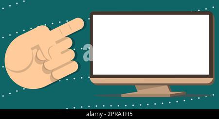 Un doigt pointant vers l'écran avec des informations importantes. Présentation manuelle de l'annonce de mise à jour récente. Affichage des messages critiques par le cadre. Banque D'Images