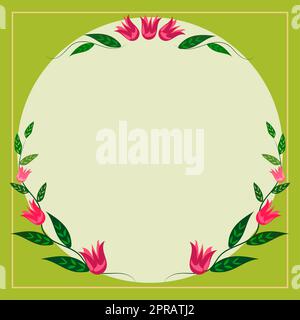 Cadre avec feuilles et fleurs autour et annonces importantes à l'intérieur. Cadre avec différentes usines et informations crutiales dans. Cercle floral avec des idées récentes. Banque D'Images