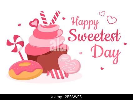 Joyeux jour sucré le 21 octobre Sweet Holiday Event dessin main dessin de dessin animé dessin animé dessin animé de dessin animé avec des gâteaux et de la bonbons dans un fond rose Banque D'Images