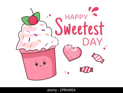 Joyeux jour sucré le 21 octobre Sweet Holiday Event dessin main dessin de dessin animé dessin animé dessin animé de dessin animé avec des gâteaux et de la bonbons dans un fond rose Banque D'Images