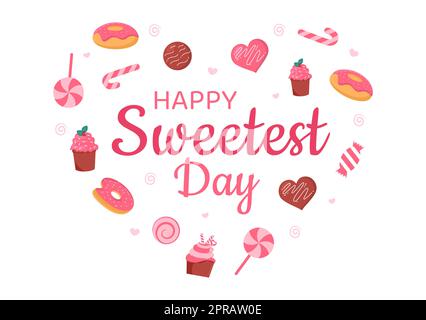 Joyeux jour sucré le 21 octobre Sweet Holiday Event dessin main dessin de dessin animé dessin animé dessin animé de dessin animé avec des gâteaux et de la bonbons dans un fond rose Banque D'Images