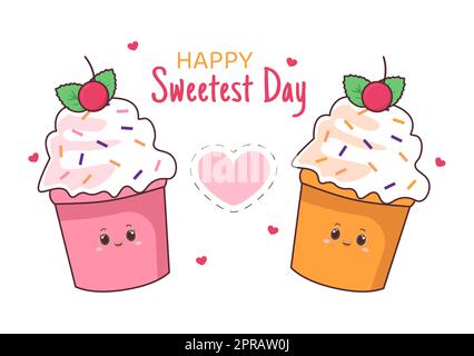 Joyeux jour sucré le 21 octobre Sweet Holiday Event dessin main dessin de dessin animé dessin animé dessin animé de dessin animé avec des gâteaux et de la bonbons dans un fond rose Banque D'Images